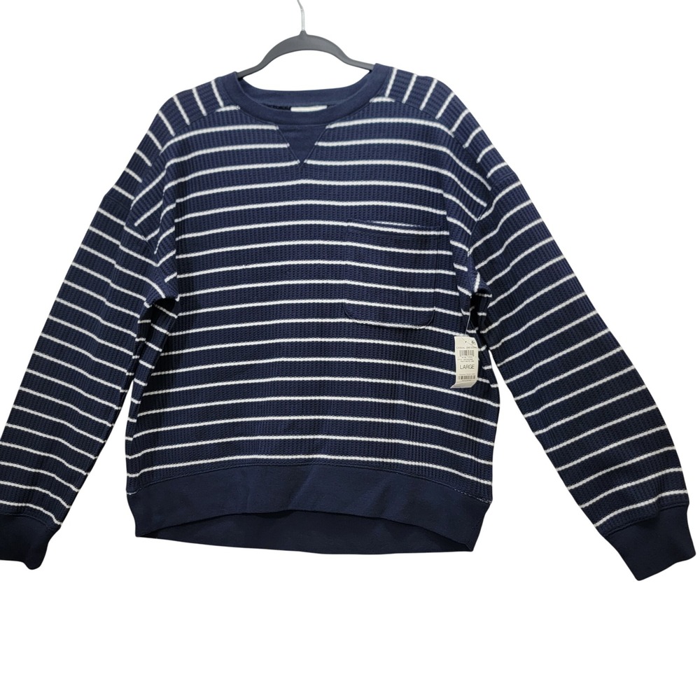 ON 34th Navy White Stripe Waffle Knit Long Sleeve Pocket Shirt Top Women's Large